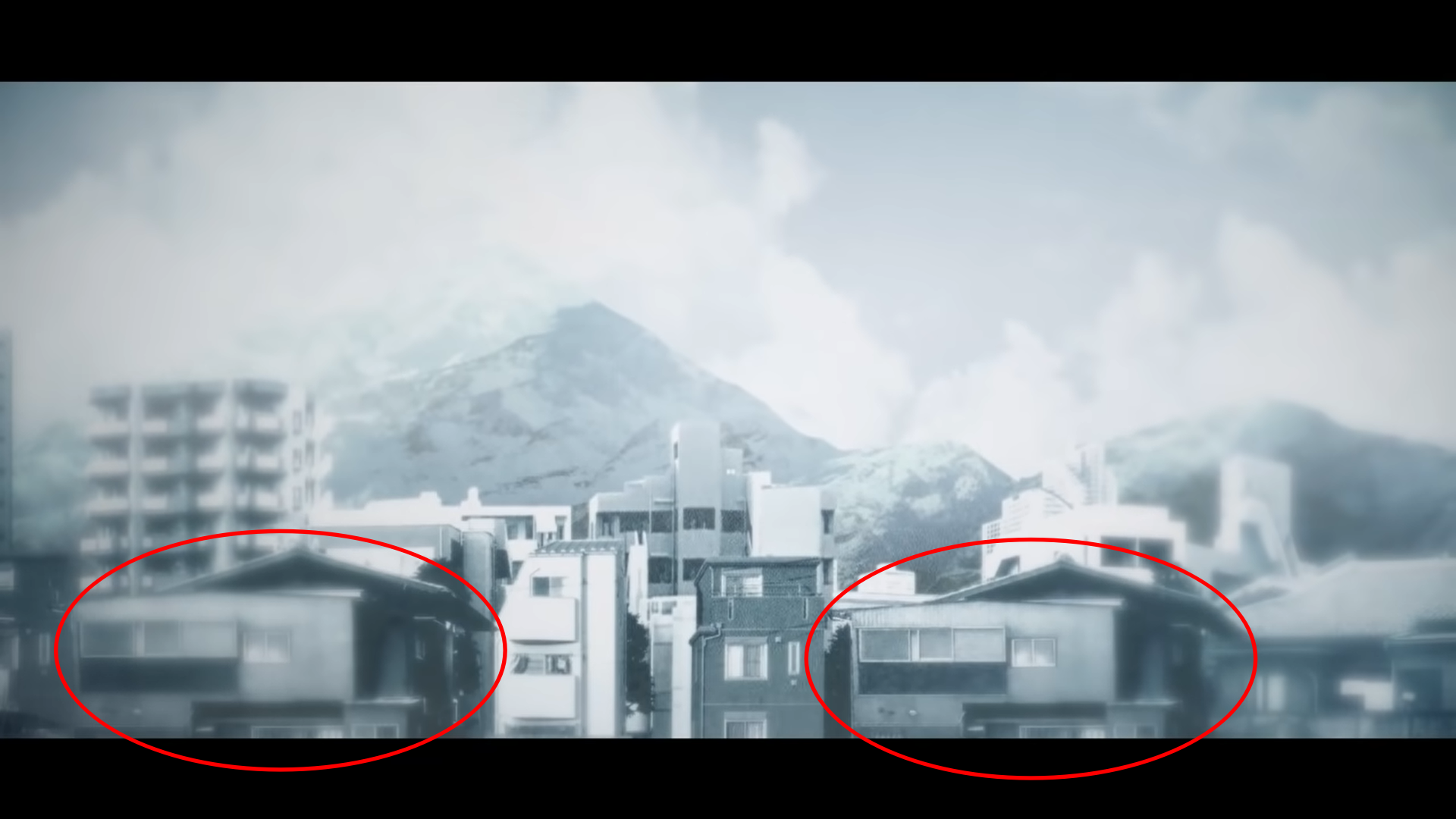 一枚の風景に同じ建物が二つ